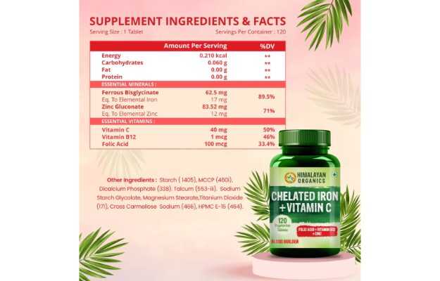 Himalayan Organics Chelated Iron With Vitamin C Supplement Tablets