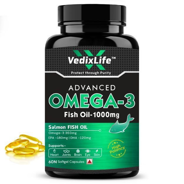 Vedix Life - Advance Omega 3 Fish Oil 1000mg - High Strength 180mg EPA & 120mg DHA, 350 Omega 3 Softgel Capsules, (60)