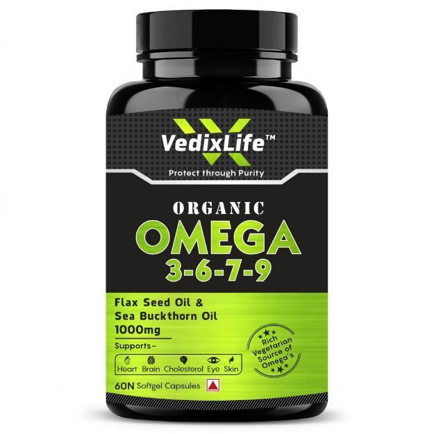 Vedix Life OMEGA 3-6-7-9 Capsule With Flax Seed & Sea Buckthorn Oil Organic Ingredients, Non-GMO, Gluten Free for Men, Women Immunity Booster, For Stronger Bones and Muscles 60 Softgel Capsules