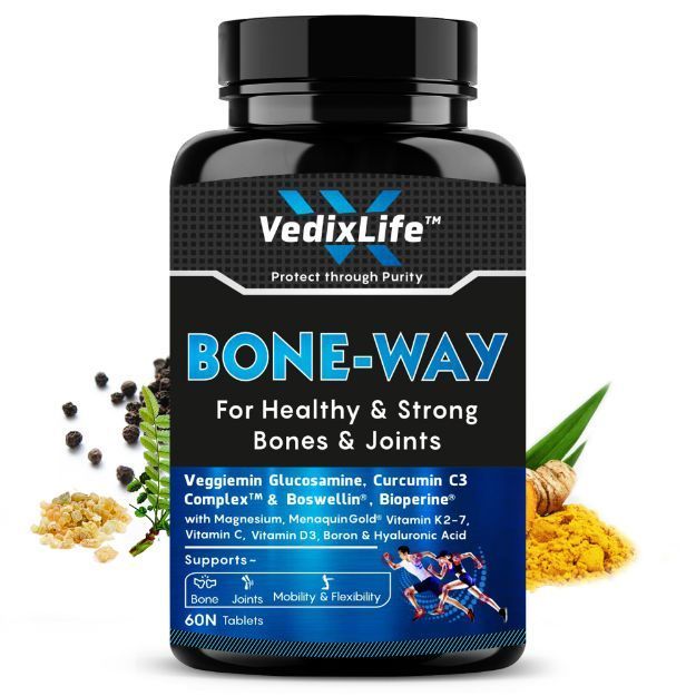 VedixLife Bone-Way For Bone & Joints Health, For Men & Women with Vitamin D3, Vitamin K2-7, Magnesium, Zinc, Veggiemin Glucoamine, Curcumin C3 Complex & Boswellia for Bone & Joints Pain Relief - 60 Tablets