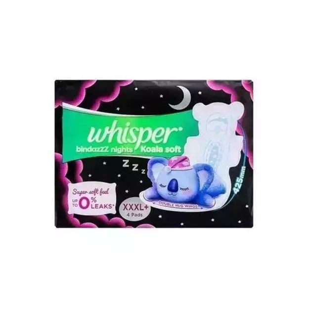 Whisper Bindazzz Nights Koala Soft Pads XXXL+ (4): Uses, Price, Dosage,  Side Effects, Substitute, Buy Online