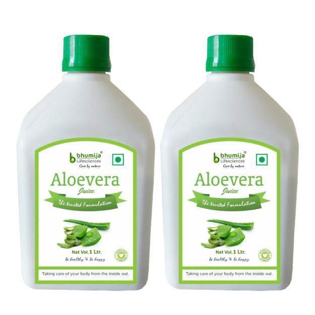 Bhumija Lifesciences AloeVera Juice (with Pulp) Natural Juice Skin and Hair Sugar Free 1 litre Pack of 2