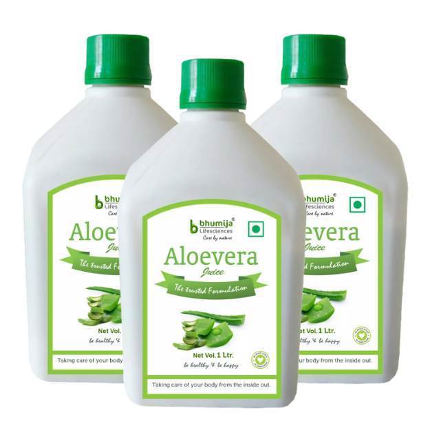 Bhumija Lifesciences AloeVera Juice (with Pulp) Natural Juice Skin and Hair Sugar Free 1 litre Pack of 3