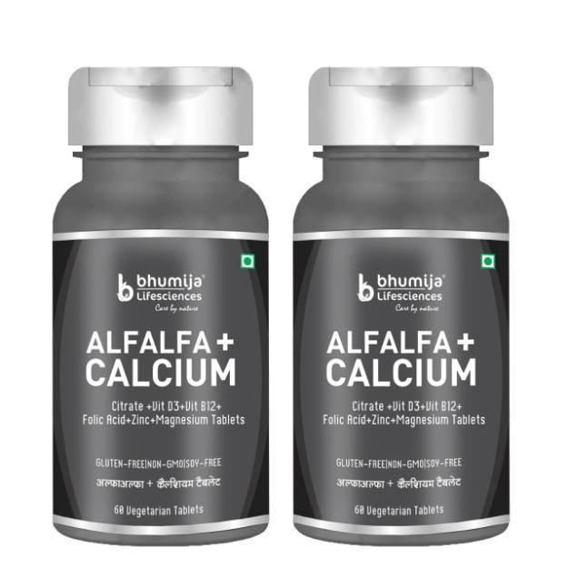 Bhumija Lifesciences Alfalfa Calcium Citrate Malate with Vitamin D3, Zn, mg, B12 Vegetarian Tablets (60) Pack of 2