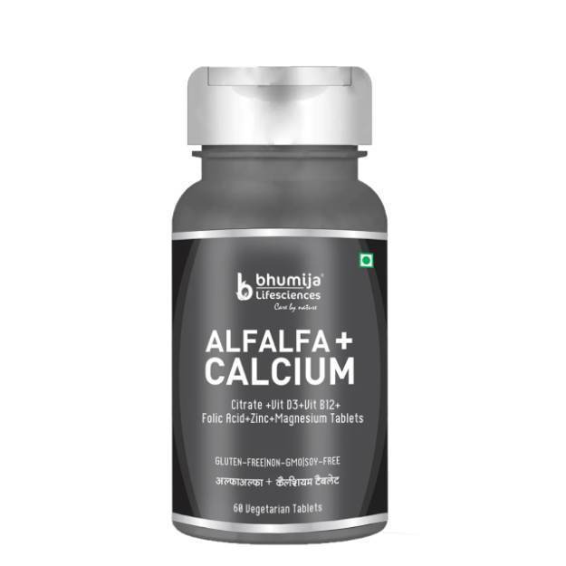 Bhumija Lifesciences Alfalfa Calcium Citrate Malate with Vitamin D3, Zn, mg, B12 Vegetarian Tablets (60)