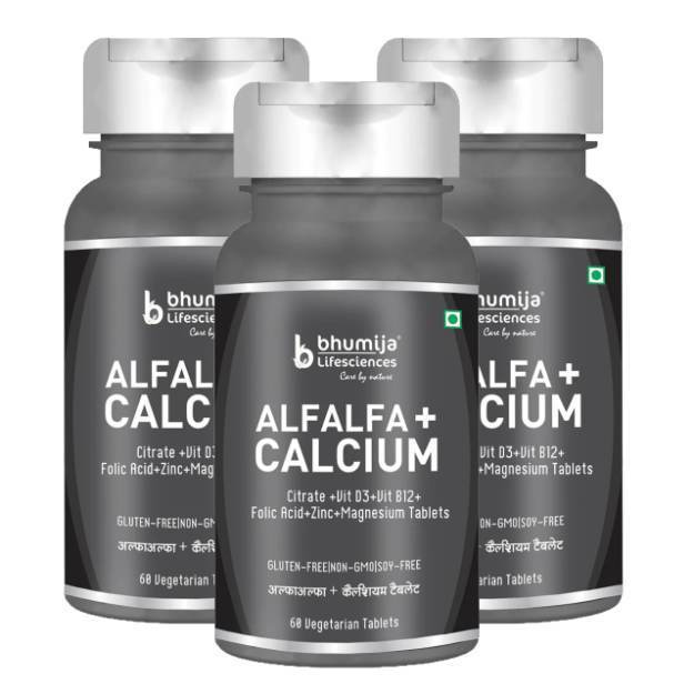 Bhumija Lifesciences Alfalfa Calcium Citrate Malate with Vitamin D3, Zn, mg, B12 Vegetarian Tablets (60) Pack of 3