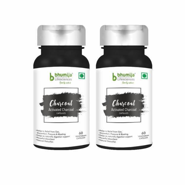Bhumija Lifesciences Activated Charcoal Vegetarian Capsules 1000mg (60) Pack of 2
