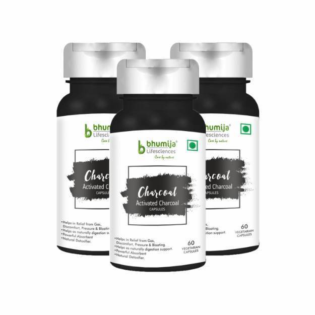 Bhumija Lifesciences Activated Charcoal Vegetarian Capsules 1000mg (60) Pack of 3