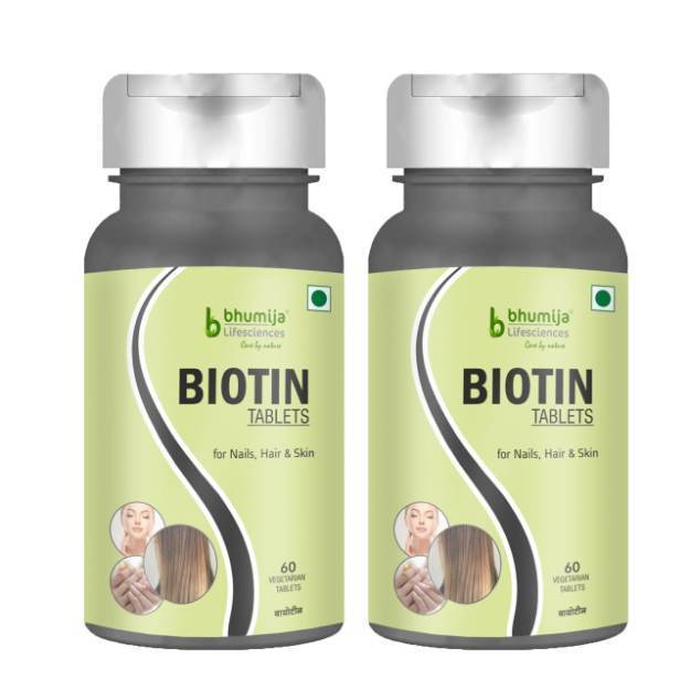 Bhumija Lifesciences Biotin Maximum Strength for Hair Nails and Skin Growth 10000 Mcg Vegetarian Tablets (60) Pack of 2