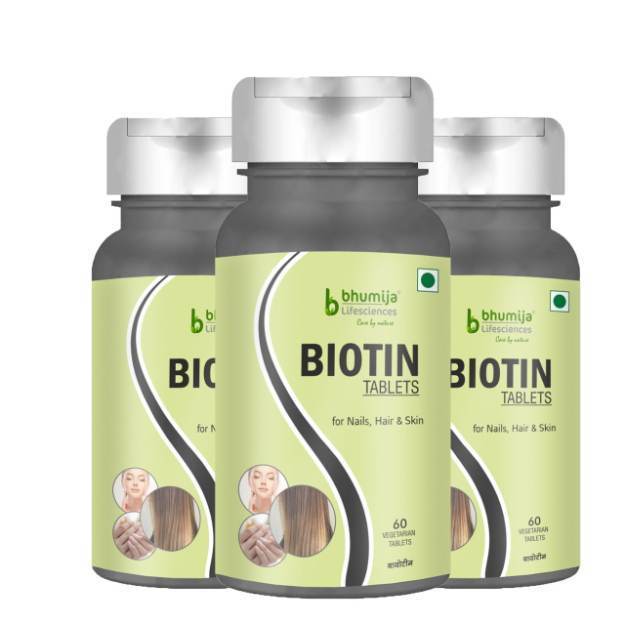 Bhumija Lifesciences Biotin Maximum Strength for Hair Nails and Skin Growth 10000 Mcg Vegetarian Tablets (60) Pack of 3
