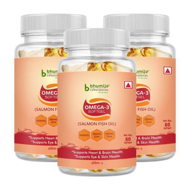 Bhumija Lifesciences Omega-3 with Salmon Fish Oil 1000mg Softgel (60) Pack of 3