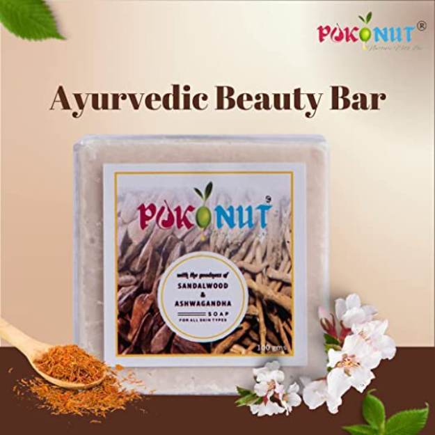Pokonut Natural & Herbal Pure Sandalwood Beauty Bathing Bar With Coconut Oil, Olive Oil & Ashwagandha-Chemical Free-100g