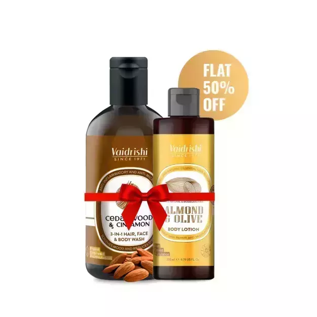 Vaidrishi Cedarwood & Cinnamon (3 in 1) Face Body & Hair Wash + Almond & Olive Body Lotion