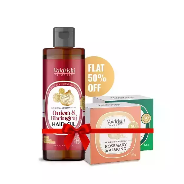 Vaidrishi Onion Bhringraj Hair Oil + Rosemary & Almond Nourishing Soap Bar + Neem & Basil Anti-Acne Soap Bar