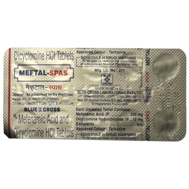 Meftal-Spas Dicyclomine 10mg & Mefenamic Acid 250mg Tablets, Blue Cross  Laboratories Ltd, Treatment: Menstrual Pain