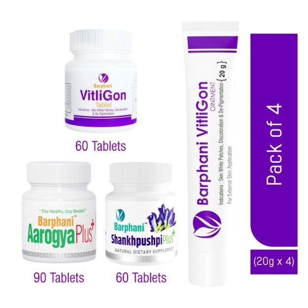 Barphani Vitligon Combo 4 With Aarogya Plus Tablet, Shankhpushpi Plus Tablet, Vitliglon Tablet And Ointment Combo Pack (90 Tablet, 60 Tablet, 60 Tablet, 20gm×4 Ointment)