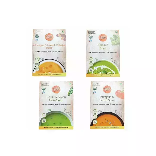 Organic Roots Spinach, Pumpkin And Lentil, Chickpea And Sweet Potato, Sattu And Green Peas Soup Combo Pack