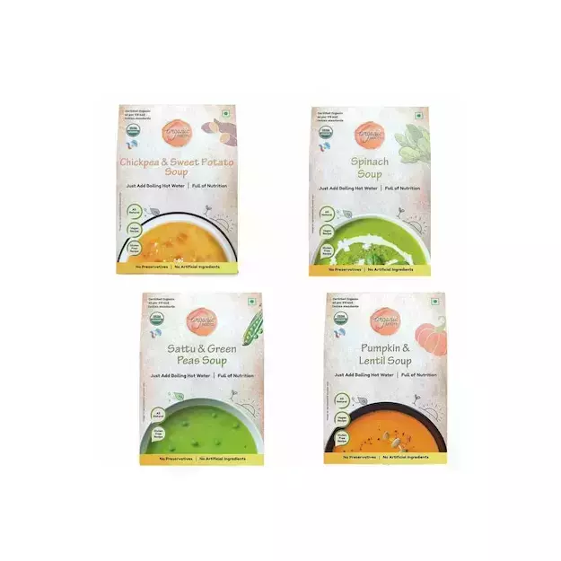 Organic Roots Spinach, Pumpkin And Lentil, Chickpea And Sweet Potato, Sattu And Green Peas Soup Combo Pack thumbnail 2
