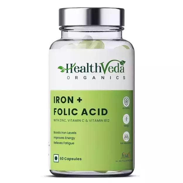 Health Veda Organics Iron Plus Folic Acid With Zinc, Vitamin C And Vitamin B12 Veg Capsules (60)