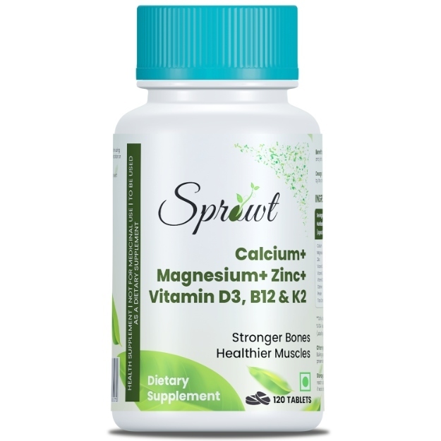 Sprowt Calcium Magnesium Zinc Vitamin D3, B12 & K-120 For Bone Health & Joint Support For Women and Men