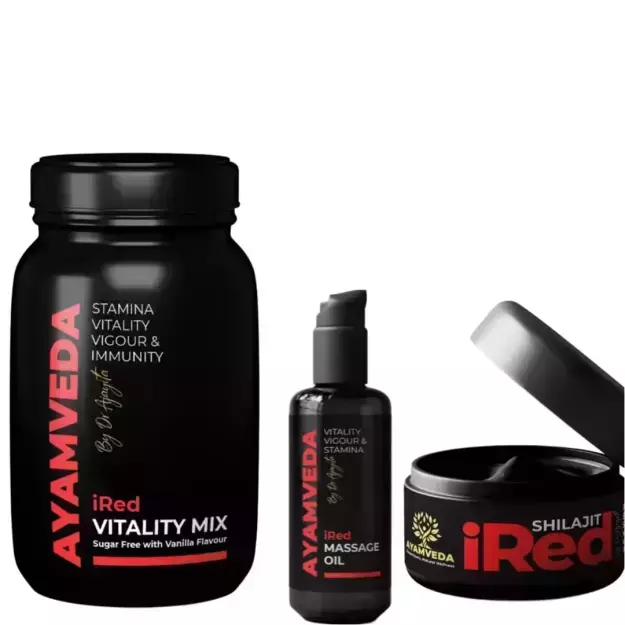 AyamVeda By Dr Ajayita iRed Massage Oil 60ml And Vitality Mix Powder 360gm Sugar Free Combo Pack For Mens Strength & Stamina 2 Month Package