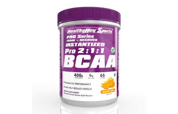 HealthyHey Nutrition Sports Instantised Pro 2:1:1 BCAA Powder Tangy Mango Candy 400 Gm
