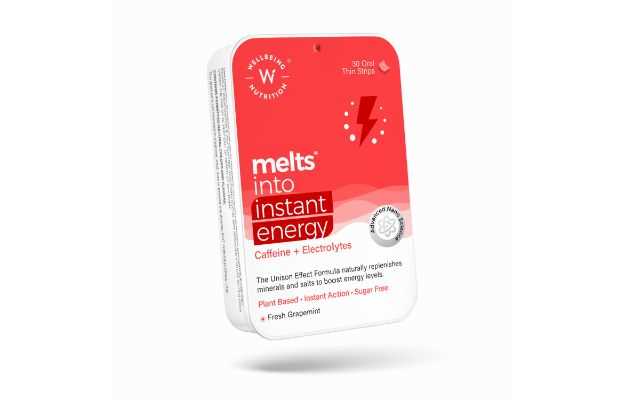 Wellbeing Nutrition Melts into Instant Energy Caffeine + Electrolytes Oral Thin Strip Fresh Grapemint Sugar Free