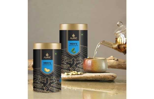 Auric Tea For Men's Energy With Pure Shilajit Resin To Boost Stamina & Sports Performance Taste Of Elaichi, Lemon