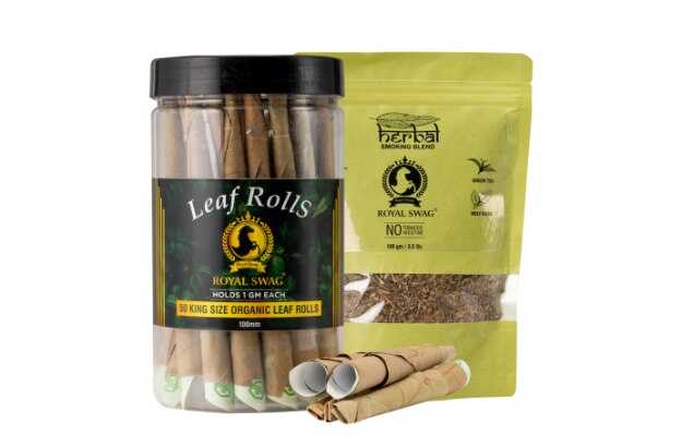 Royal Swag Tobacco & Nicotine Free Smoking Mixture With 100% Natural Herbal Smoking Blend 1 Pack (1 oz/ 30g) With 100 MM King Size Tendu Palm Leaf Rolls Ready to Use Cones Jar Of 50 Pcs Pack Smoking Cessations