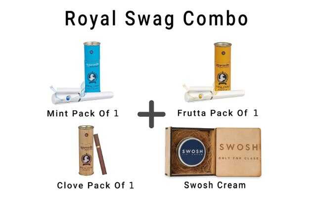 Royal Swag Ayurvedic & Herbal Cigarette Combo Pack of Clove, Mint and Frutta Flavour Smoke (5 Stick Each), SWOSH Lip Cream for Smokers, Brightening Dark Lips (15 gm) Nicotine & Tobacco Free- Set Of 4 Smoking Cessations