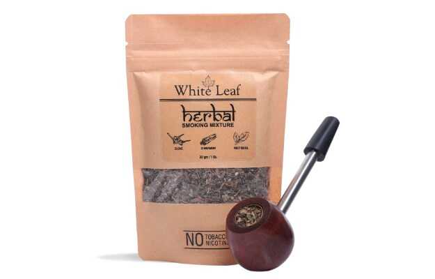 White Leaf Tobacco & Nicotine Free Smoking Mixture With 100% Natural Herbal Smoking Blend 1 Pack (1 oz/ 30g) With Wooden Steel Pipe Smoking Cessations