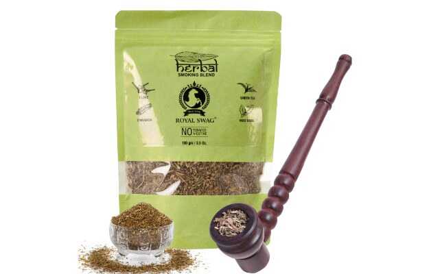 Royal Swag 100% Tobacco & Nicotine Free Herbal Smoking Blend 100g With Brown Wooden Pipe Smoking Cessations (Pack of 2)