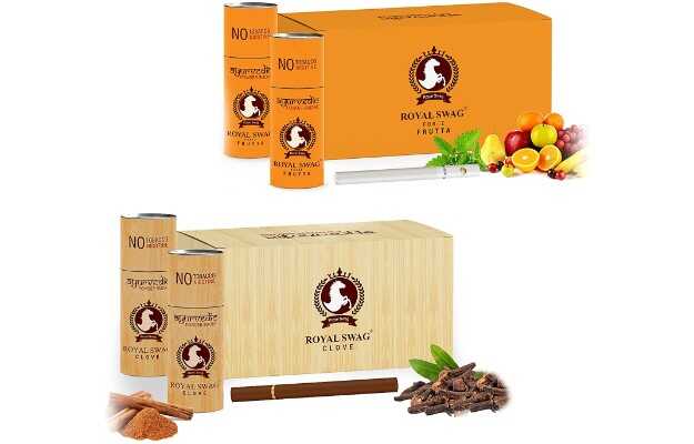 Royal Swag Ayurvedic & Herbal Cigarette, Combo Pack of Fruta and Clove Flavour Smoke (5 Stick/ 5 Pack Each) Nicotine Free & Tobacco Free Cigarettes with Shot Helps in Quit Smoking - (50 Sticks) Smoking Cessations