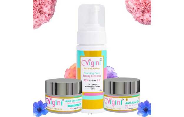 Vigini Natural Actives Anti Acne Face Gel, Foaming Toning Cleansing Wash & Marine Algae Clay Mask