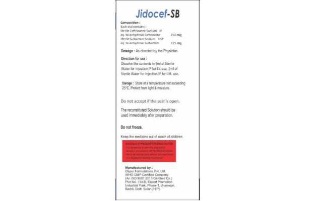 Jidocef SB Injection 375mg: Uses, Price, Dosage, Side Effects ...