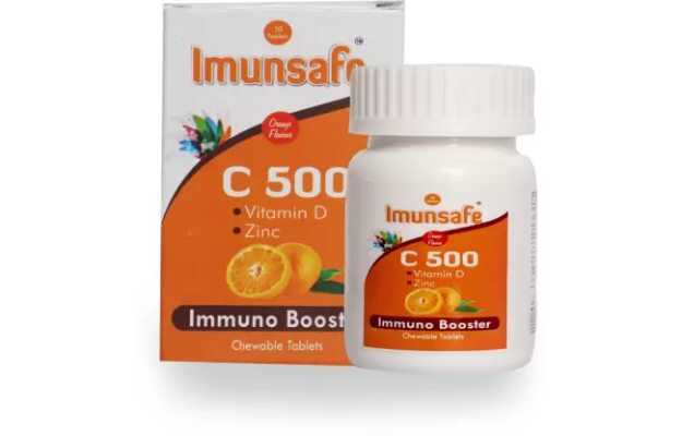 Imunsafe Vitamin C 500 mg With Zinc and Vitamin D Chewable Tablets helps build up Immunity, Antioxidant & Skincare for Men, Women & Kids Delicious Orange Flavour (30)