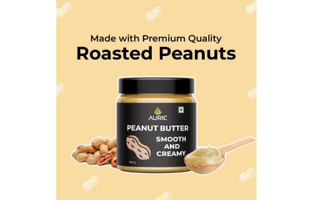 Auric Peanut Butter Smooth & Creamy, High Protein Plant Based Peanut Butter, Roasted Peanuts, Gluten and Lactose-free 340gm