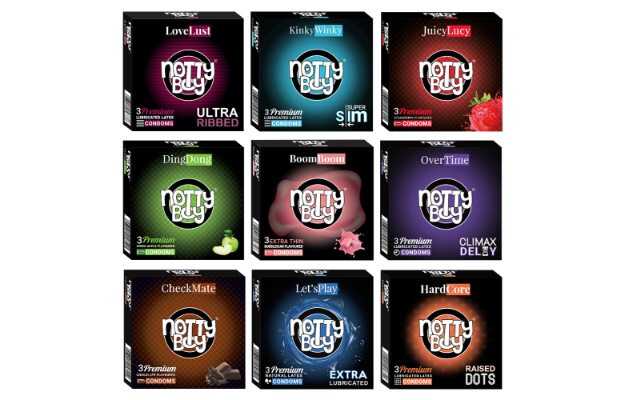NottyBoy Mixed Variety Pack - Extra Time, Ultra Ribbed, Raised Dots, Lubricated, Thin and Flavoured Condoms - 27 Units
