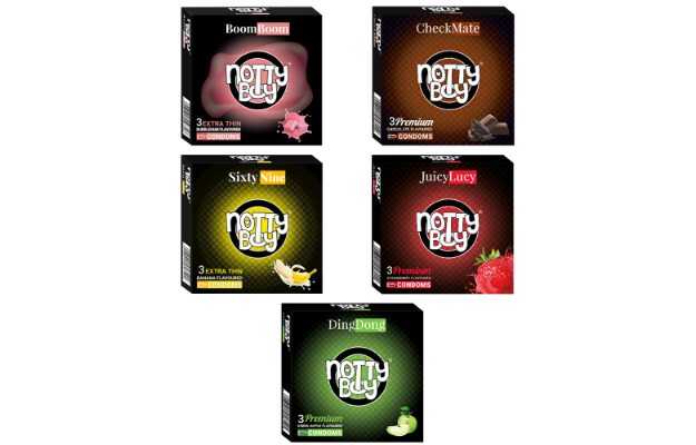 NottyBoy Flavoured Condoms - Strawberry, Chocolate, Green Apple, Banana and Bubblegum - 15 Units