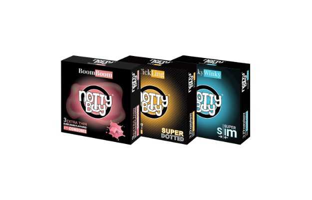 NottyBoy Ultra Thin, Bubblegum Flavoured, Plain and Extra Dotted 1500 Dots Condoms - 9 Units