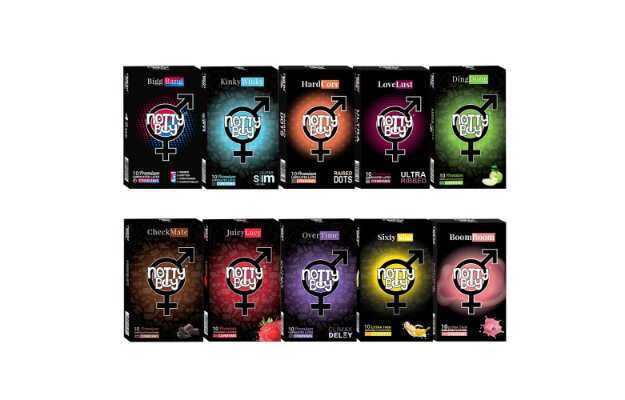 NottyBoy All in One Condoms Pack - Climax Delay, Extra Thin, Ribbed, Raised Dots, Contour and Flavoured Condoms - 100 Units