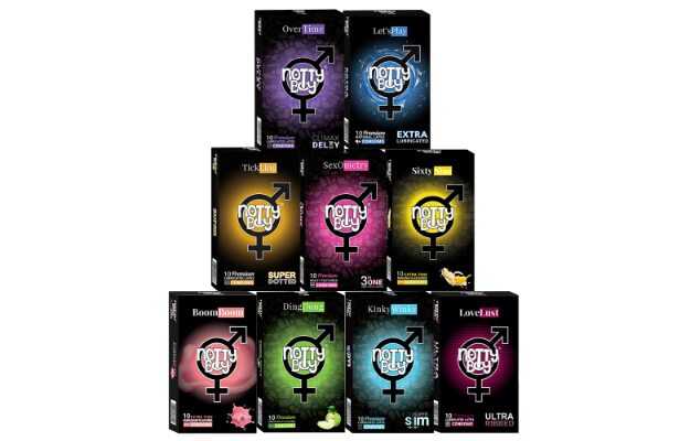 NottyBoy Honeymoon Mixed Variety Pack Condoms - Ultra Ribbed, 1500 Dots, Thin, Lubricated, Climax Delay and Flavoured - 90 Units