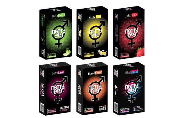 NottyBoy Condoms Honeymoon Variety Pack - Raised Dots, Ultra Ribbed, Extra Time, Apple, Banana and Strawberry Flavoured - 60 Units