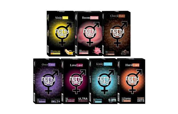 NottyBoy Family Pack Condoms - Extra Time, Ultra Ribbed, Thin, Raised Dots, Banana, Bubblegum, Chocolate Flavoured - 70 Units