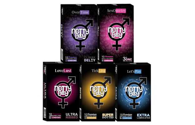 NottyBoy Variety Multi Pack Condoms - Ultra Ribbed, 1500 Dots, Contour, Extra Lubricated and Climax Delay - 50 Units