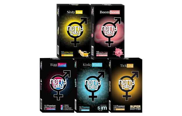 NottyBoy Honeymoon Family Pack Condoms - Ribbed, 1500 Dots, Extra Time, Thin, Banana and Bubblegum Flavoured - 50 Units