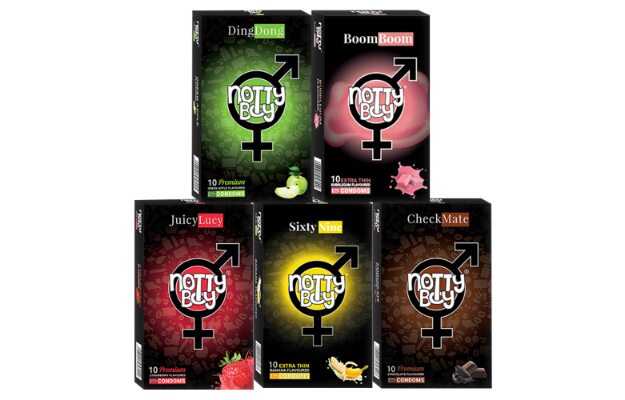 NottyBoy Condoms Honeymoon Flavoured Pack - Strawberry, Chocolate, Green Apple, Banana and Bubblegum - 50 Units