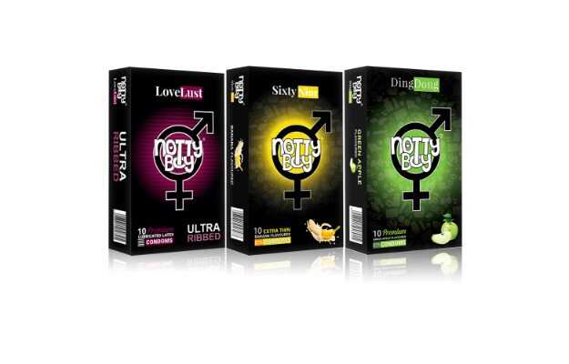 NottyBoy Ultra Ribbed, Green Apple and Extra Thin Banana Flavoured Condoms - 30 Units