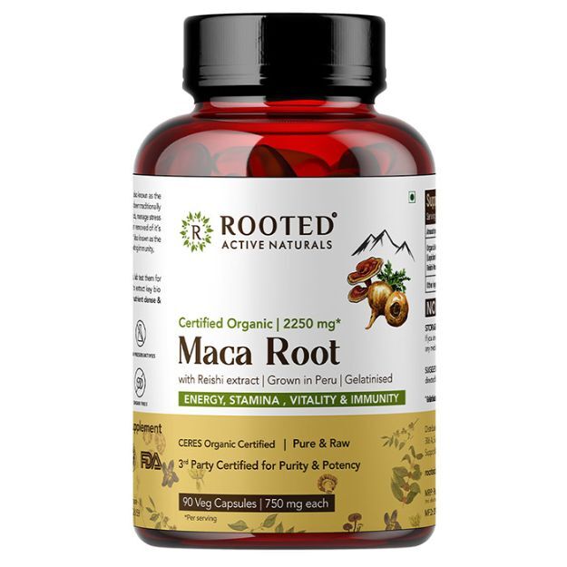 Rooted Active Natural Certified Organic Peruvian Maca Root Capsule with Reishi Extract (90)