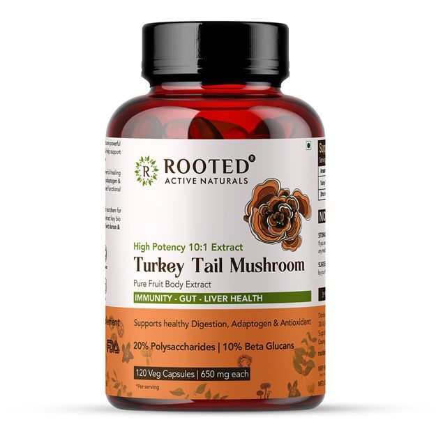 Rooted Active Natural Turkey Tail Mushroom Extract Capsules 10:1 Strength, 20% Polysaccharides (120)